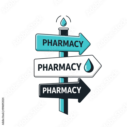 Pharmacy Directional Signage Design Depicting Health Guidance and Medicinal Route Options