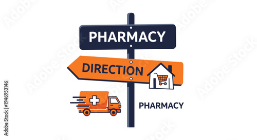 Pharmacy Directional Signage Depicting Store Location And Delivery Services Illustration