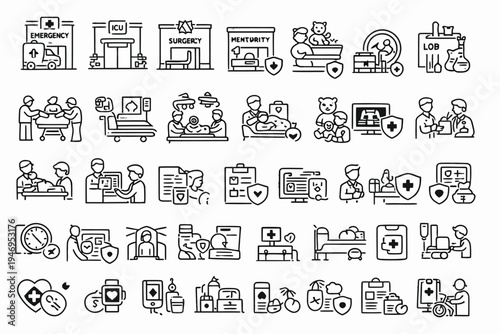 Comprehensive illustration of healthcare and medical emergency services icons collection