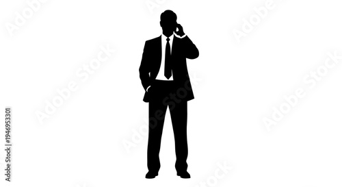 Silhouette of a businessman in a suit talking on a mobile phone, isolated on white background.