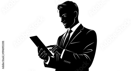 Silhouette of a businessman in a suit using a tablet computer, modern technology concept