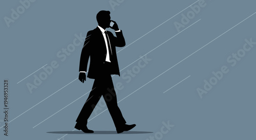 Silhouette of a businessman in a suit walking and talking on a cell phone against a blue background with diagonal lines.