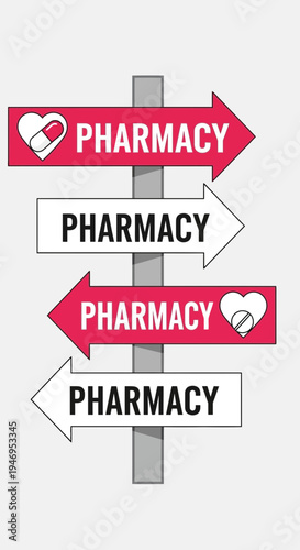 Pharmacy Directional Signs Illustrating Healthcare Guidance, Medical Facility Navigation