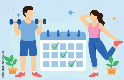 Workout Routine with Dumbbell Training and Stretching Calendar Schedule Flat Illustration