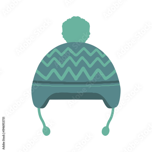 Teal blue winter earflap hat with pom pom and zigzag pattern. Cozy knitted chullo hat with tassels vector illustration