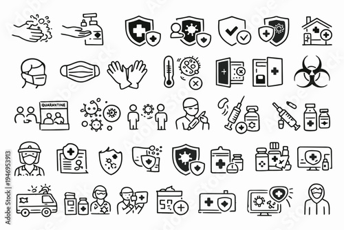 Comprehensive icons representing healthcare, safety, and medical services