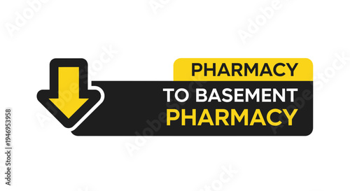 Pharmacy Location Guide: An Arrow Points Down To The Basement Pharmacy Sign