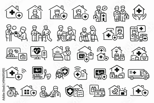 Comprehensive icons depicting healthcare services and community support systems