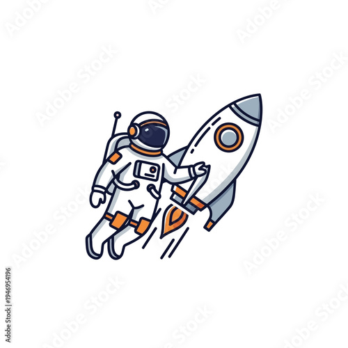 Cartoon illustration of an astronaut floating next to a launching rocket, symbolizing space exploration and adventure.