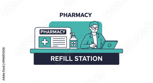 Pharmacy Refill Station Concept Depicting Healthcare Professional Working With Computer