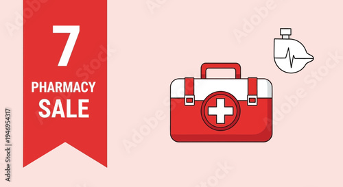 Pharmacy Sale Announcement with First Aid Kit and Medical Equipment Illustration