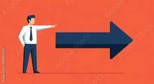 Man pointing to large arrow.