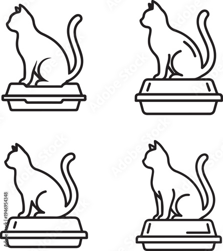 Four black and white line drawings of cats on litter boxes