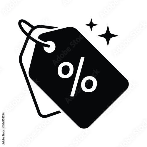 Black outline of a price tag with a percent sign and two stars, indicating discount or special offer concept