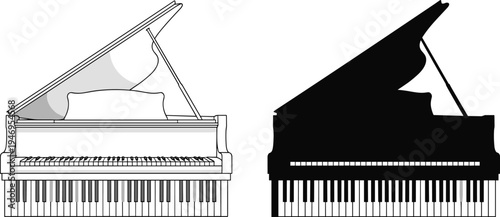 Grand piano technical drawing and black silhouette set, musical instrument vector illustration for concert posters and interior design floor plans.