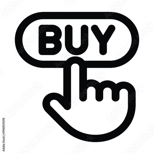 Hand cursor with a pointing finger clicking on a buy button, representing online shopping or e-commerce outline