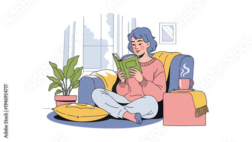 Young woman enjoys reading a book in her cozy home, relaxing with a warm drink.