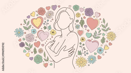 Woman embracing herself surrounded by hearts and flowers representing self-love and body positivity.