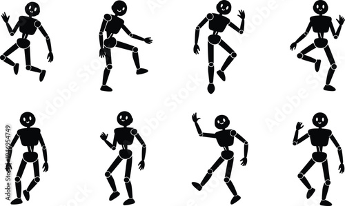 Black mannequin silhouette figures, dynamic human poses illustration, articulated joint motion art, expressive dance movement design, gesture study vector collection