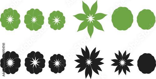 Green and black flower icon collection, flat vector floral silhouettes, decorative nature design elements for spring blossoms, blooming garden plants.