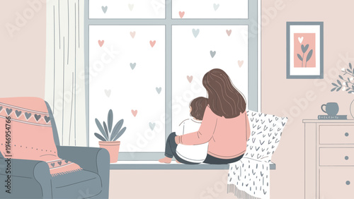 Mother and daughter looking out window with hearts outside.