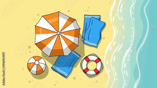 Beach scene with umbrella, towels, ball, and lifebuoy.
