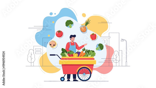 Smiling vendor with fresh vegetables in a cart, healthy food delivery illustration.