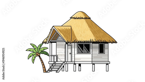 Tropical stilt house with thatched roof and palm tree