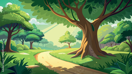 Sunlit Forest Path with Lush Green Trees and Grass Cartoon Landscape