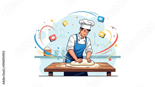 Happy chef kneading fresh dough on a wooden table in a cheerful kitchen.