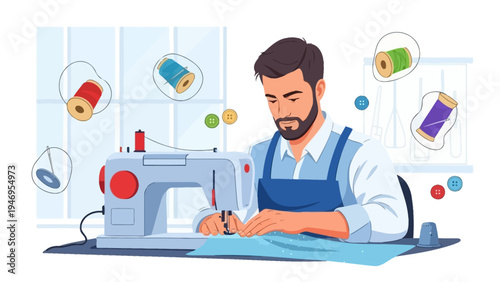 Focused tailor sewing with a machine in his studio with craft supplies.