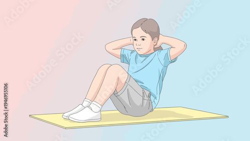 Young boy doing sit-ups on an exercise mat