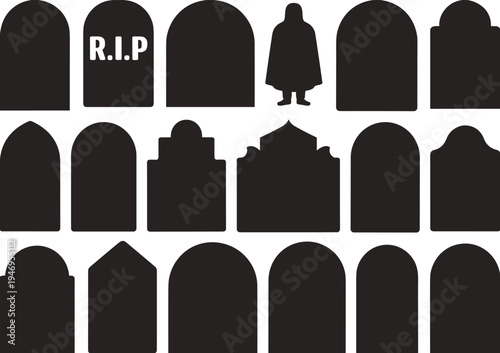 Black tombstone silhouette icons set, Halloween cemetery illustration, RIP grave marker art, spooky death symbol design, gothic memorial vector collection