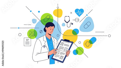 Doctor reviews patient information on clipboard with medical icons.