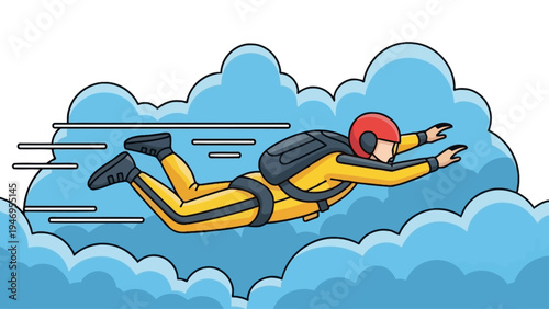 Skydiver in yellow suit freefalling through clouds