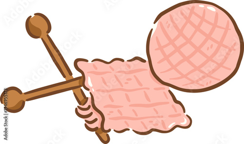 Knitting tools including needles and yarn with knitted piece, showcasing creativity and craftsmanship in playful style