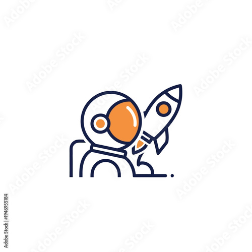 Stylized line art illustration of an astronaut in a space suit next to a rocket, symbolizing space exploration and scientific advancement.