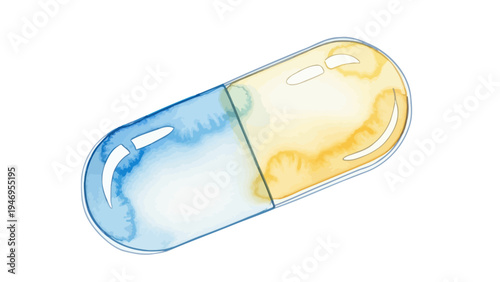 Watercolor illustration of a two-tone medical capsule.