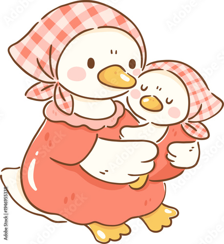 Cute mother goose holding her baby goose, both wearing matching pink outfits and headscarves, radiating warmth and affection