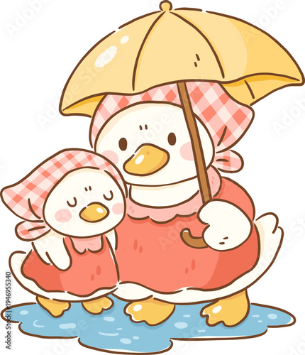 Cute mother goose and baby goose under umbrella, wearing matching dresses, enjoying rainy day together, showcasing warmth and love