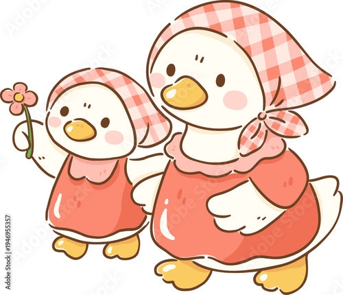 Cute cartoon geese wearing matching dresses and headscarves, one holding flower, exuding cheerful and playful vibe