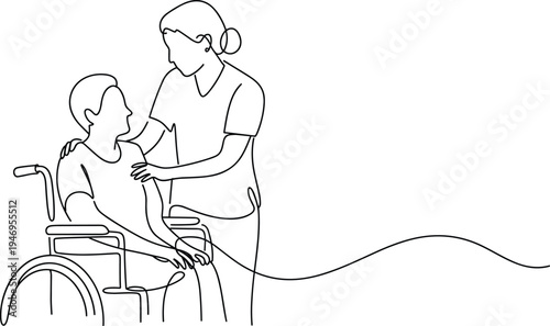 Continuous line drawing nurse helping patient in wheelchair, healthcare support concept showing caregiver assisting disabled person, medical care illustration
