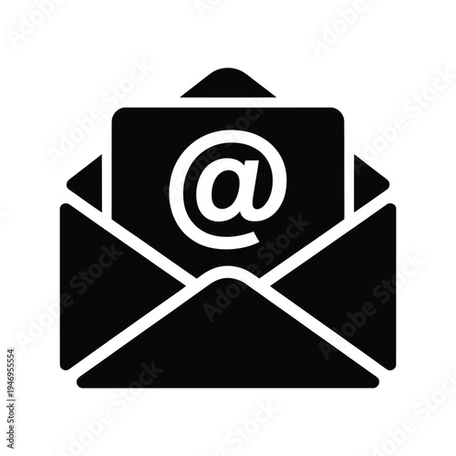 Black mail icon depicting open envelope with electronic message symbol for business communication and digital contact services