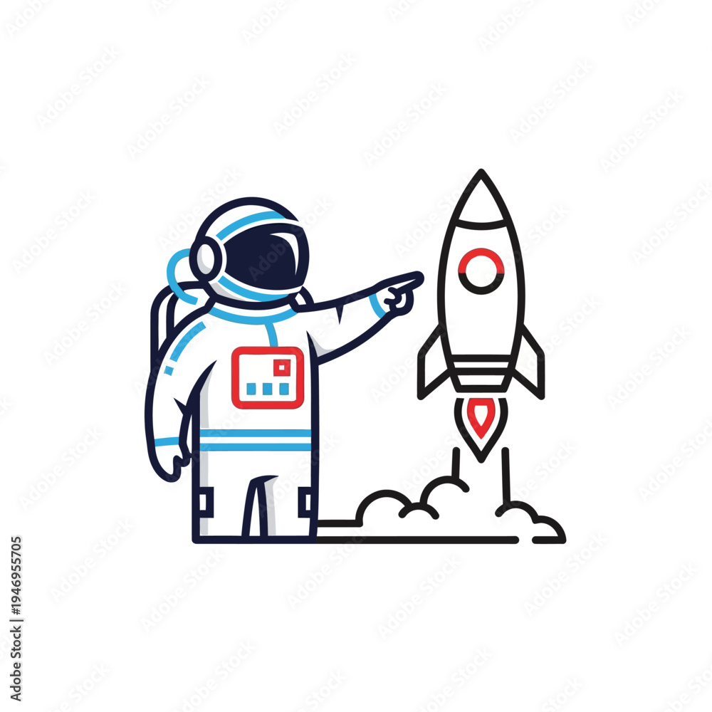 Fototapeta premium A cartoon astronaut in a spacesuit pointing at a launching rocket, symbolizing space exploration and innovation.