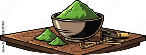 Vibrant illustration of a bowl with green powder and traditional tea tools on a rustic wooden board