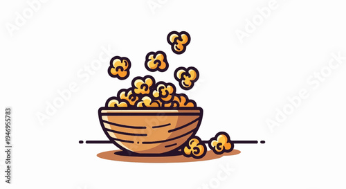 A charming cartoon illustration of a wooden bowl filled to the brim with golden popcorn, some pieces floating