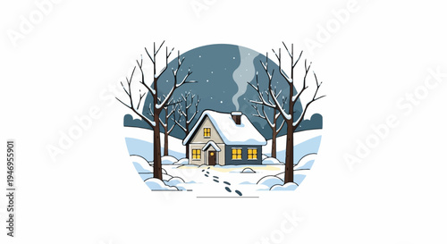 Cozy house in a snowy landscape with bare trees, falling snow, footprints, and glowing windows
