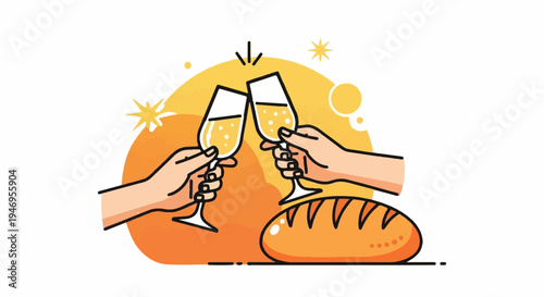 Illustration of two hands clinking champagne glasses over a loaf of bread, against a warm, celebratory background