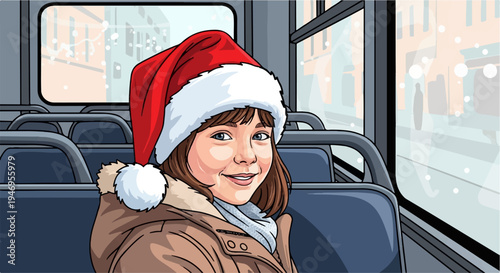 A young person in a Santa hat smiles, riding a bus during a snowy winter day, city view outside