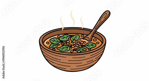 Illustration of a steaming bowl of delicious soup with lentils, spinach, and a wooden spoon
